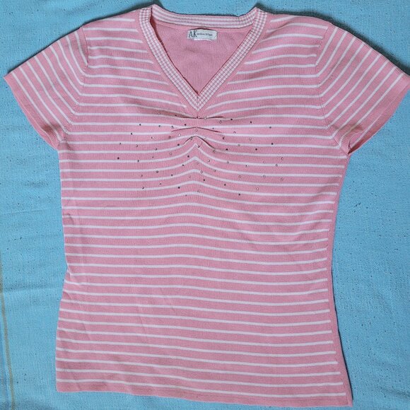 ⭐5FOR$20⭐ VIntage AK Collections Sequin Striped T-Shirt, Pink Rhinestones - Picture 1 of 3